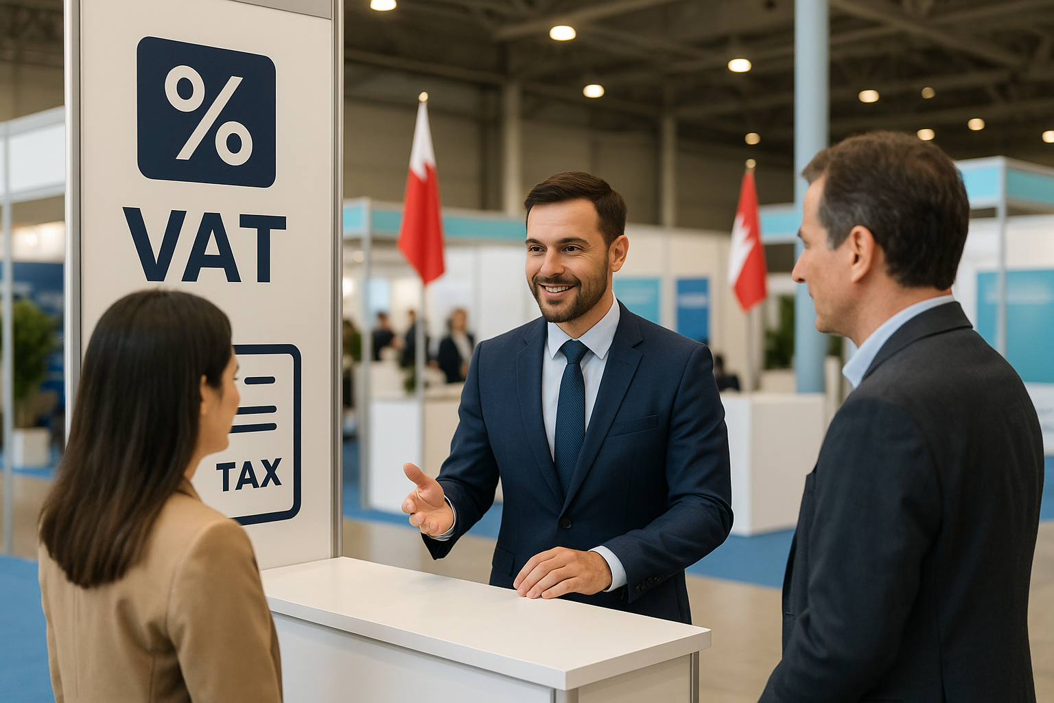 Business consultant discussing VAT refund with international exhibitors at a modern expo booth in Bahrain, with VAT signage and Bahrain flags visible in the background.
