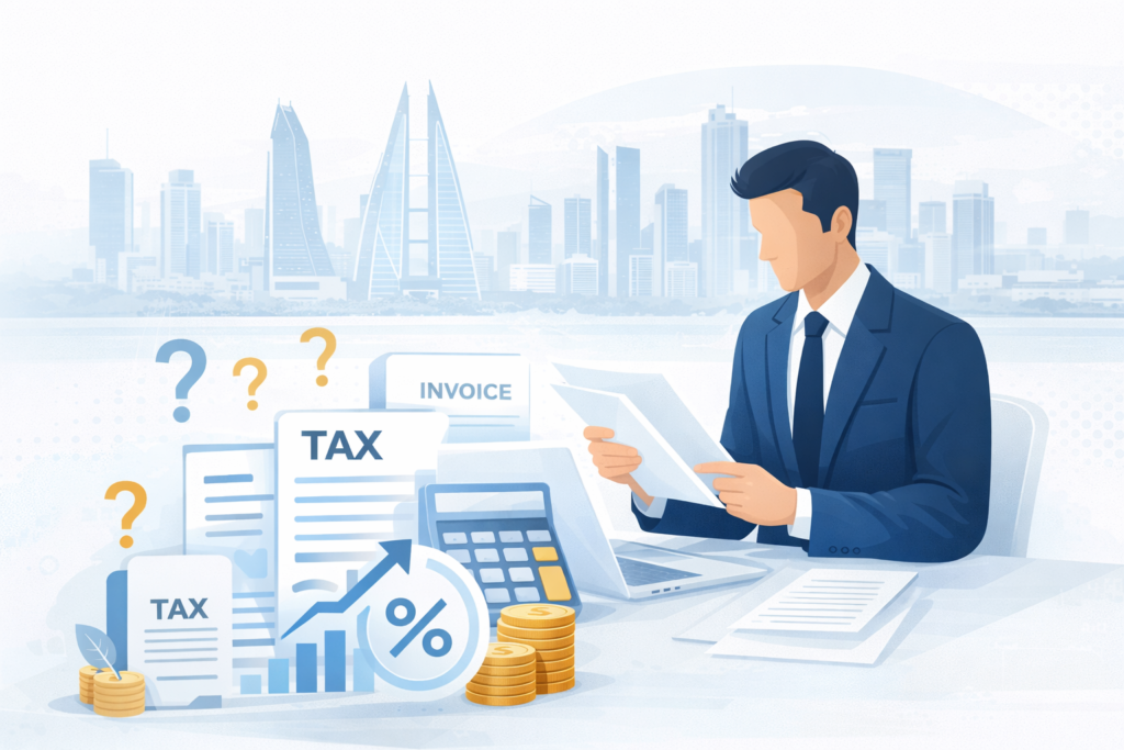 Illustration showing an international business professional reviewing VAT refund documents in Bahrain with financial icons representing tax invoices and VAT recovery.